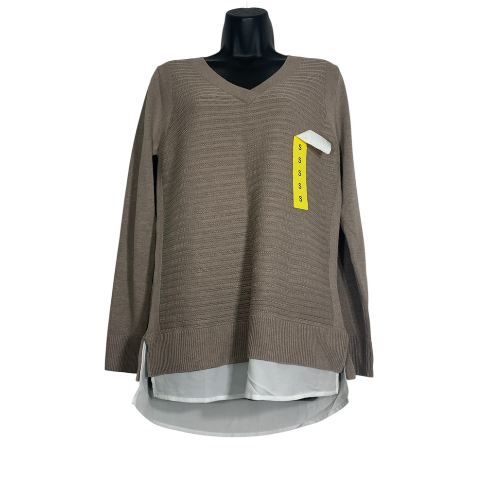 Hilary Radley mocha V-Neck Sweater with Layered Hem New